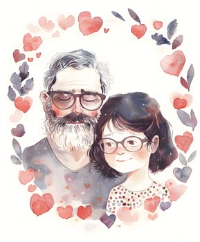 A man with a beard and a girl wearing glasses stand together in a heartfilled wreath. The happy couple shares a loving gesture, surrounded by symbols of love and vision care