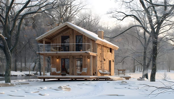 A cozy wooden house sits peacefully in a snowy forest, surrounded by tall trees and a serene atmosphere, with a clear sky above