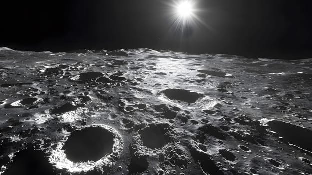 A blackandwhite photo of the moon against a sky filled with clouds, with the sun faintly visible in the background. The atmosphere is dark and mysterious, creating a striking contrast