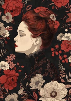 A woman with fiery red hair is encircled by a stunning arrangement of red and white flowers, creating a captivating scene reminiscent of a beautiful painting