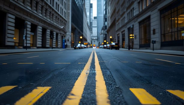 The city street is lined with two yellow lines, creating a symmetrical look. The asphalt road surface leads to various buildings with windows, adding to the infrastructure of the thoroughfare