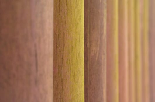 Detailed view of a row of wooden poles, showing their texture and pattern as they stand in a straight line like a fence.