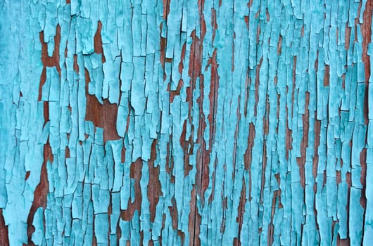 Detailed close-up of weathered blue paint peeling off a wooden wall, revealing textures and layers of the aging surface.