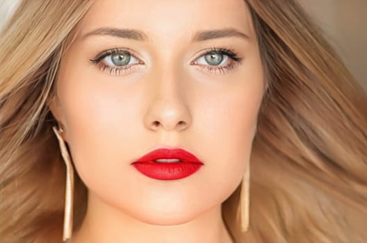 Beauty, makeup and hairstyle, face portrait of beautiful woman, red lipstick make-up and hair styling for skincare cosmetics, hair care, glamour style and fashion look idea