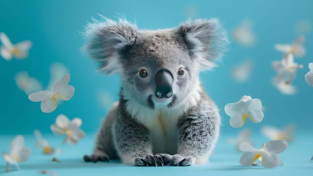 A carnivorous terrestrial animal, the koala bear, is sitting on a blue surface surrounded by white flowers, showcasing its furry body, snout, and whiskers