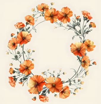 A creative arts piece featuring a wreath of orange flowers on a white rectangular textile. The vibrant petals stand out against the crisp background