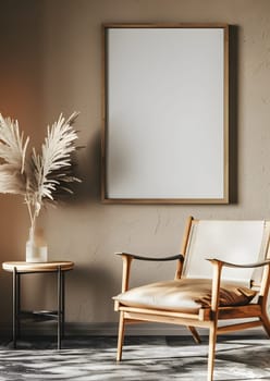 An elegant living room with wooden furniture including a chair, table, and a picture on the wall. The interior design features a rectangle vase, lighting, and a welldesigned flooring