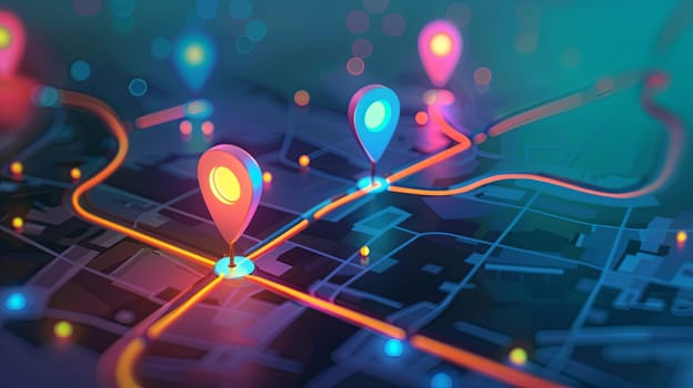 Isometric GPS tracking map with multiple pins marking destinations. Abstract background for navigation and mapping.