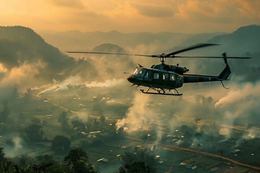 A helicopter flies over a city during wartime, surveying the area below.