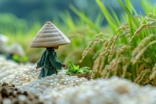 A figure wearing a traditional hat tends to greenery in a rice field on a sunny morning, surrounded by ripening grains.