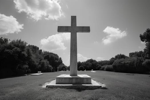 A black and white depiction of a cross standing tall in a vast field.