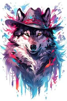 A vibrant painting of a carnivorous wolf donning a cowboy hat in magenta hues. The dog breeds snout is skillfully captured in this colorful artwork