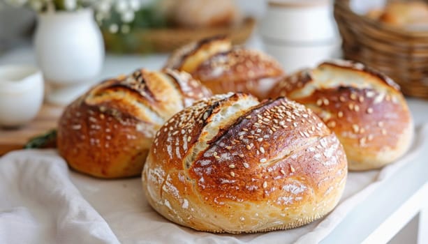 On the table are three loaves of bread ready to be served with food and tableware placed around them