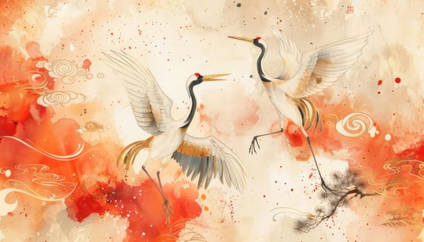 In the painting, three graceful cranes are depicted flying, evoking a sense of tranquility and sophistication