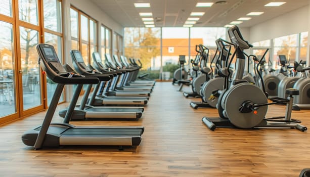 Treadmills and exercise bikes in a gym, with hardwood flooring and large windows for a bright space