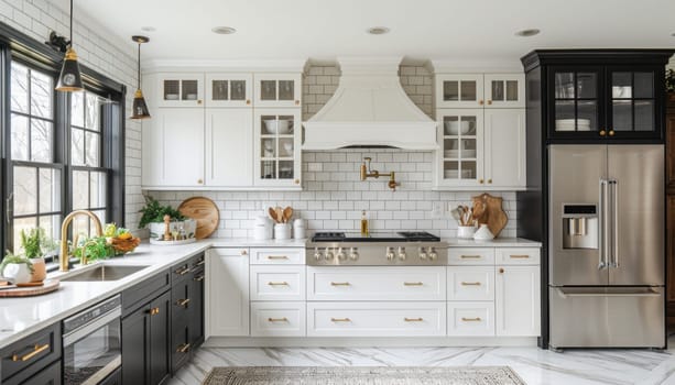 The kitchen features black and white cabinets, a stove, refrigerator, and a sink, blending stylishly in the design