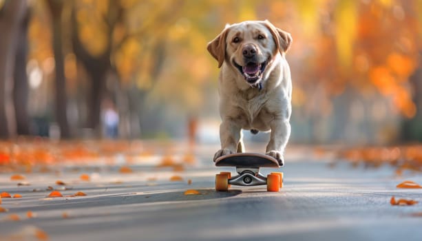 In an urban setting, a skilled dog smoothly rides a skateboard, demonstrating agility and precision on the asphalt road
