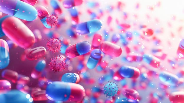 An assortment of pink and blue pills hangs in midair, showcasing a vibrant display of colors and shapes