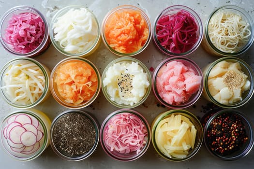 Jars contain a variety of pickles with diverse flavors and textures, reflecting a range of culinary options