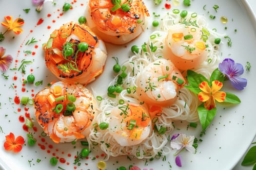 A pristine white plate is adorned with a colorful arrangement of shrimp, noodles, and decorative flowers