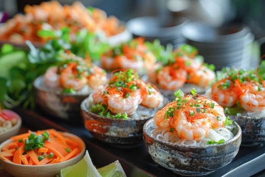 The table is arrayed with shrimp and noodles, showcasing a delicious variety of dishes for a delightful meal