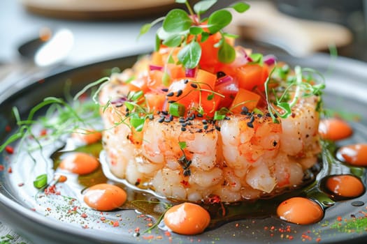 A plate full of shrimp and assorted vegetables, captured in a closeup shot on a table, showcases a delicious dish