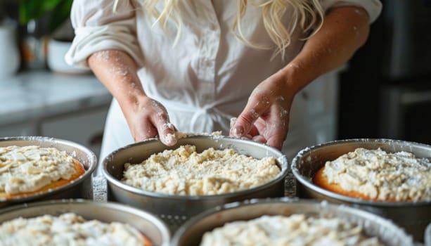 In a wellequipped kitchen, a woman skillfully uses pans to bake delicious cakes for a cozy gathering