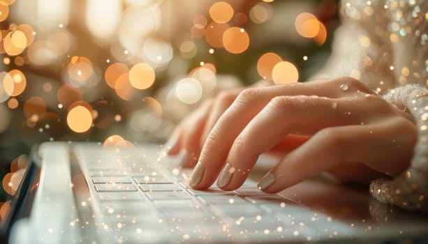 A woman is illuminated by colorful Christmas lights in the background as she types on a laptop computer