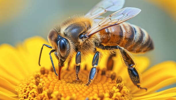 Observing a bee up close on a vibrant yellow flower, highlighting its role as a pollinator in nature