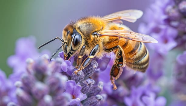 In the closeup shot, a bee is seen atop a purple flower, showcasing intricate details of the colorful petals