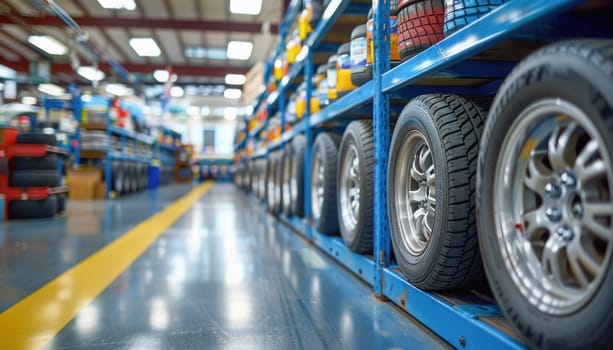 A large inventory of tires and wheels is neatly stored on shelves in the warehouse, emphasizing their abundance