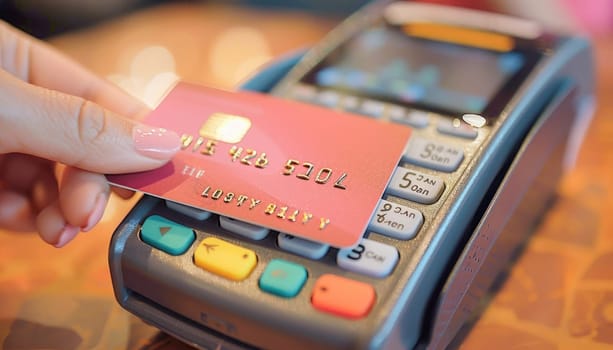A person is using a credit card to make a payment at a store, not a mobile phone or any other device