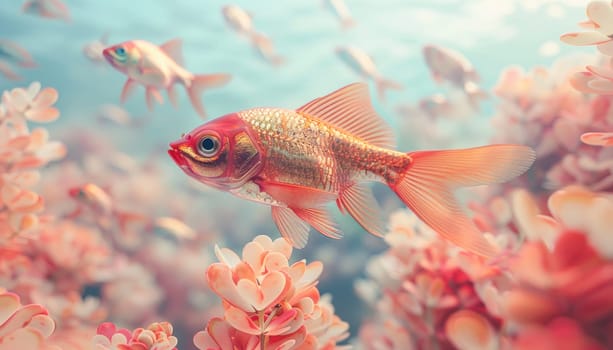 In a tank with pink flowers, a goldfish peacefully swims, displaying its electric blue tail and fin