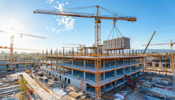 Construction of a large building is currently underway, with several cranes operating at the construction site