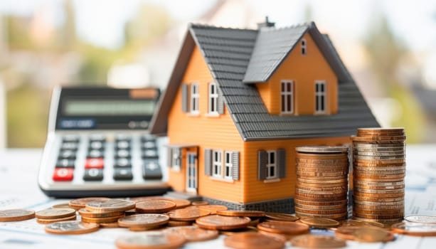 A model house sits on top of a pile of coins next to a calculator, illustrating the concept of real estate investment