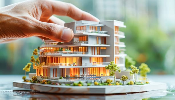 A person holds a building model for urban design showcasing real estate, city landscape, condominium, and tower block