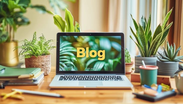 A laptop is placed on a desk surrounded by plants, enhancing the workspace with a tranquil atmosphere