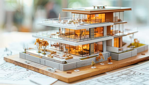 A house model is showcased on the wooden table, embodying urban design and architectural aesthetics
