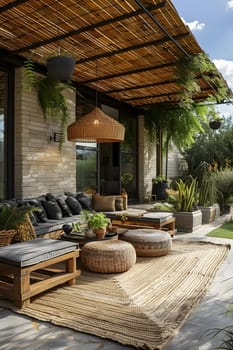 A patio with a comfortable couch, ottomans, and a rug under a pergola, surrounded by plants and grass, providing shade and a relaxing outdoor space