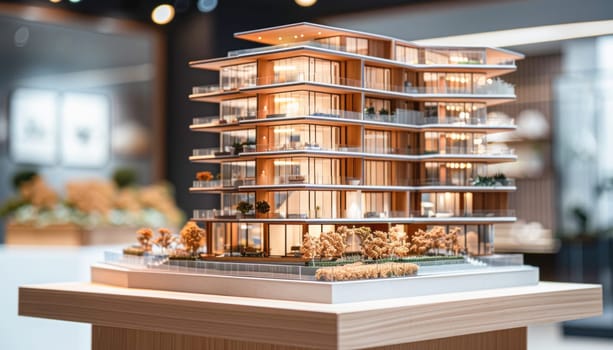 An architectural model of a building is displayed on a wooden table, illustrating urban design and retail concepts