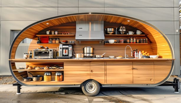 A trailer with a kitchen is parked in front of a building. The keywords include wheel, vehicle, and building