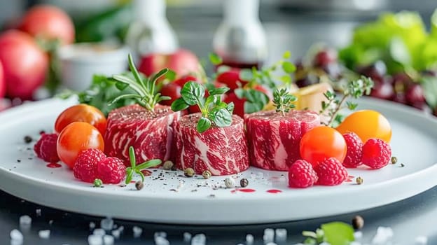 A beautiful presentation featuring a white plate with a delicious combination of steak, raspberries, and tomatoes