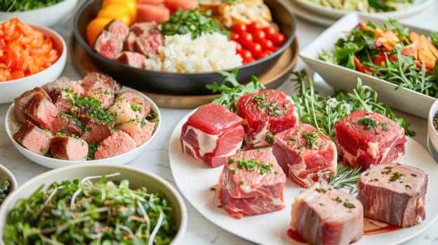 On the table are plates filled with a variety of meats and vegetables, perfect for a delicious meal