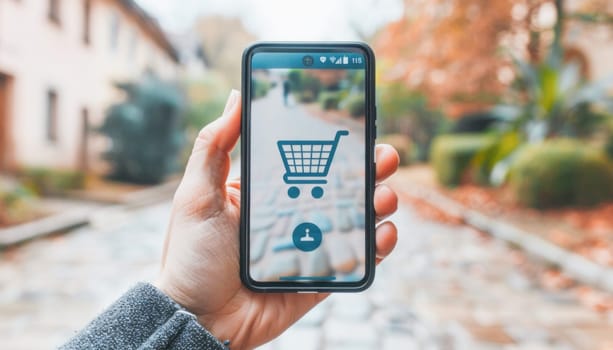 A person holding a phone displaying keywords related to mobile devices such as smartphones and telephony