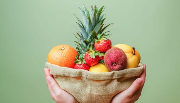 In the image, a person is standing while holding a bag filled with fresh fruit, which might include a pineapple