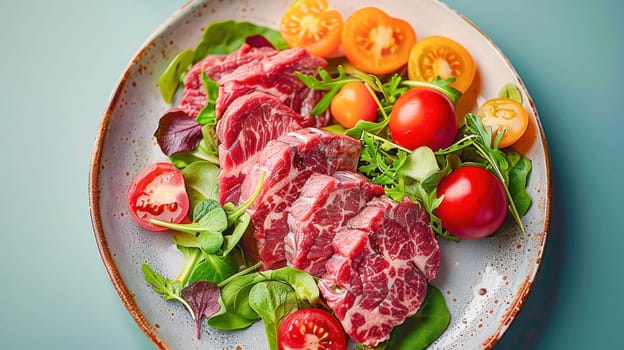 A plate with a variety of meats and vegetables displayed on a table, garnished with fines herbes and leaf vegetables