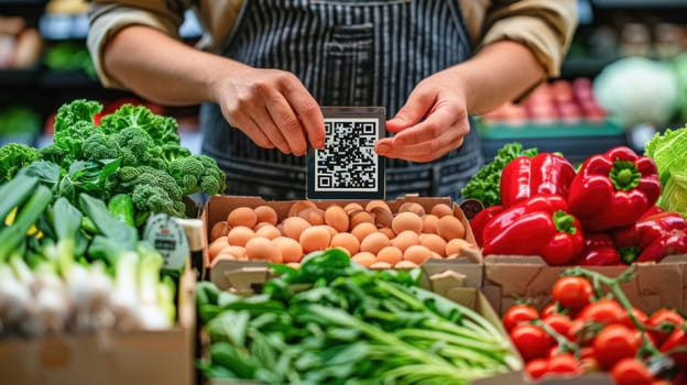 A woman is scanning a QR code from a piece of paper in a grocery store to gather information about a product