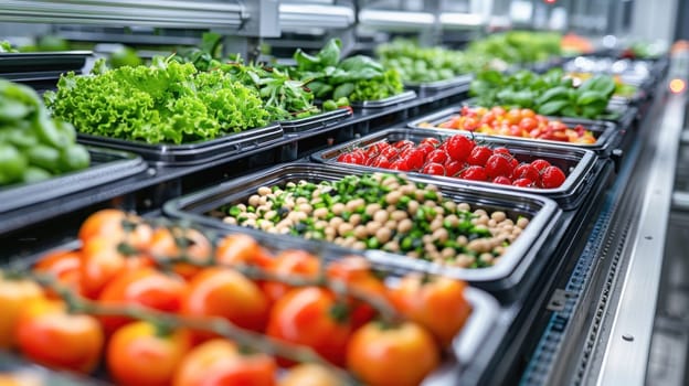 A long conveyor belt carries an assortment of fresh fruits and vegetables through the processing plant