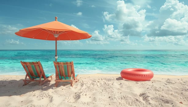 Picture of chairs under an orange umbrella at the beach. Represents travel, outdoors, and coastal landscapes