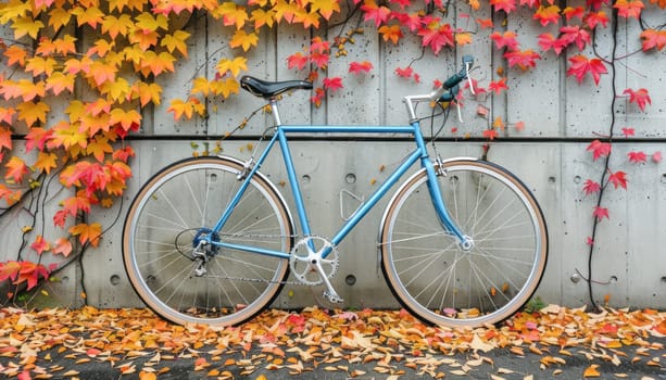 In front of a decorated wall, a blue bicycle is parked, showing its frame, wheel, and tire among leaves and flowers